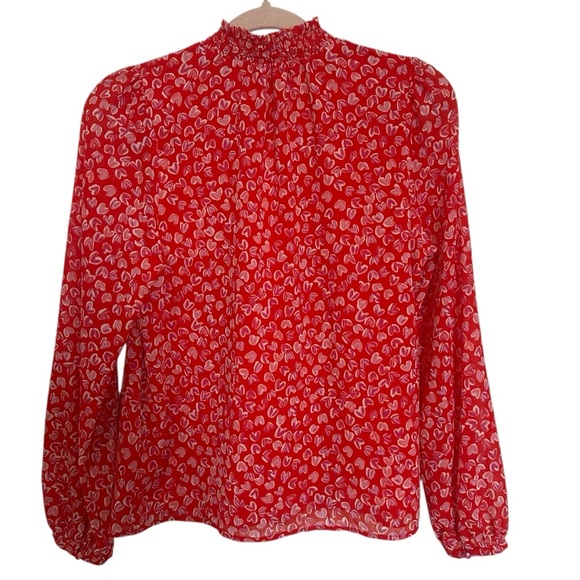 J. Crew Smocked keyhole top Red Pink Heart Medium blouse Top Ruffle. Size Small. - Picture 2 of 6